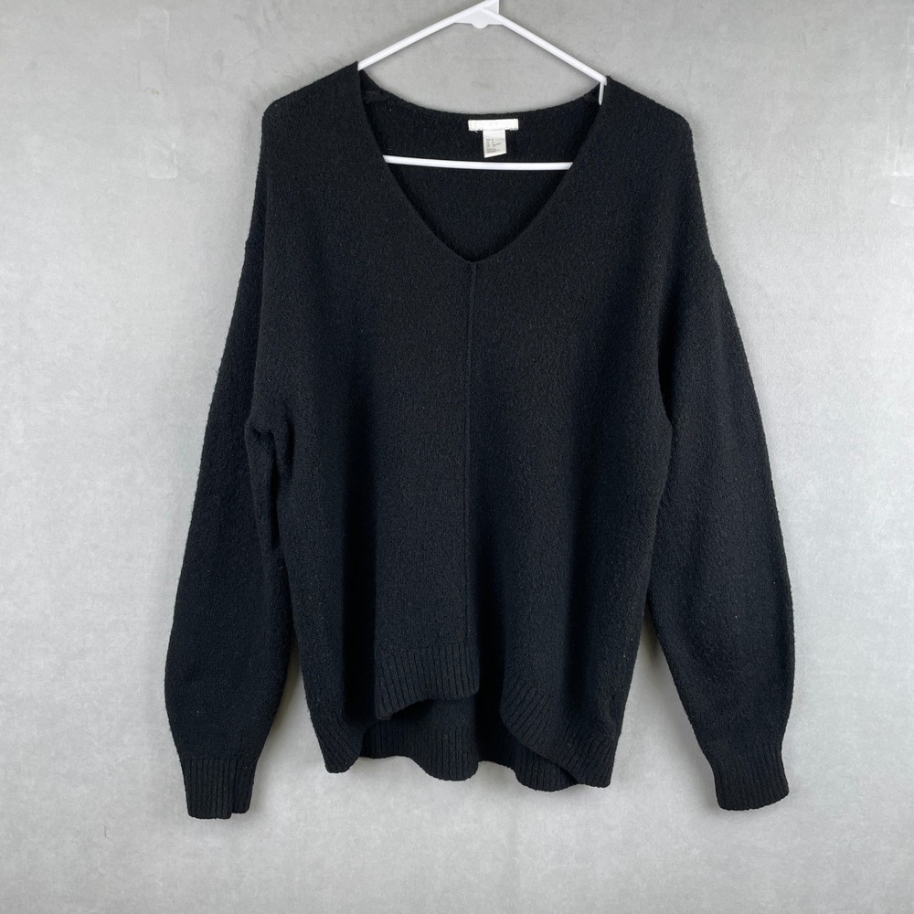 H&M Black V-Neck‎ Oversized Knit Sweater Wool Blend Center Seam S Dark Academia